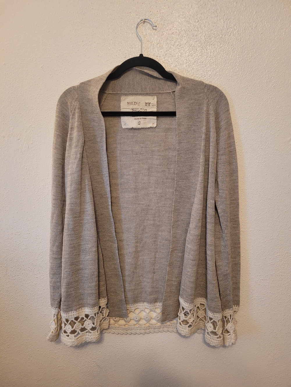 Made By Nella Baby Alpaca Cardigan S Gray Ivory Crochet Lace Boho
